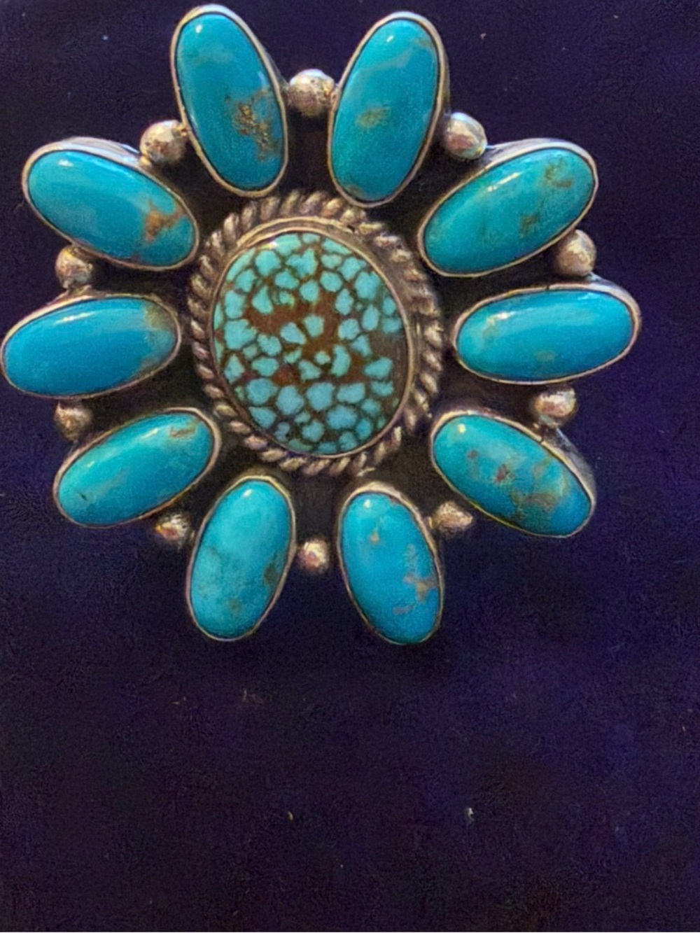 Native Navajo Zacharia David Turquoise SS925 Cluster Flower Adjustable Ring